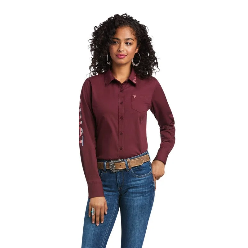 Ariat Women's Team Kirby Wrinkle Resist Zinfandel Long Sleeve Button Down Stretch Shirt 10039458 Comfortable Ribbed Short Sleeve