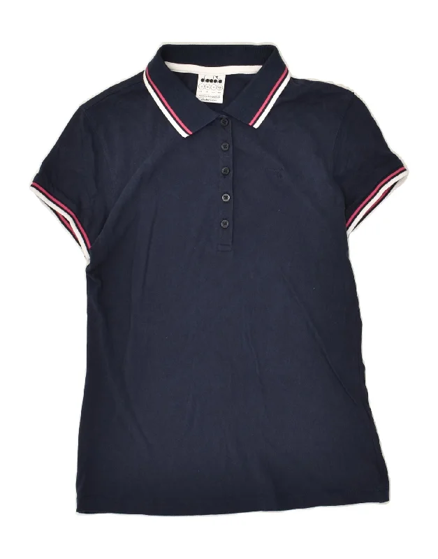 DIADORA Womens Polo Shirt UK 12 Medium Navy Blue Cotton Casual Button-Up Short Tee