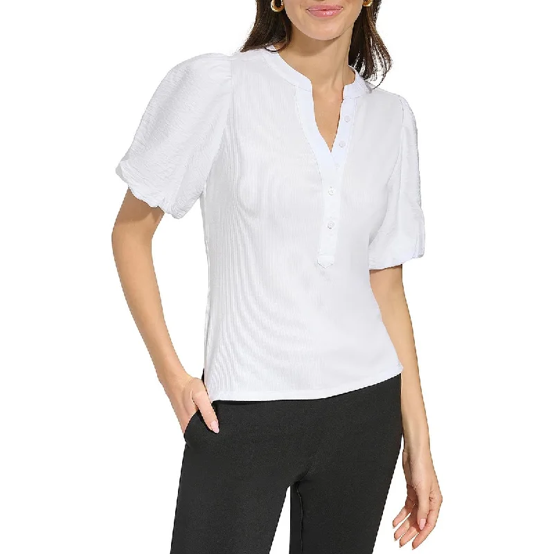 DKNY Womens Puff Sleeve Shirt Henley Soft Cotton Short Tee