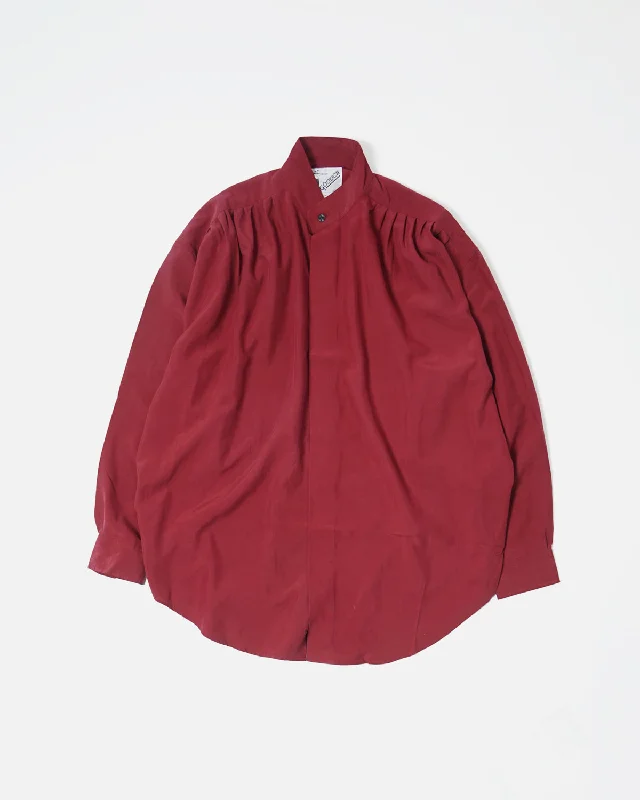 Gathered Silk Shirt / Burgundy Trendy Summer Short Sleeve