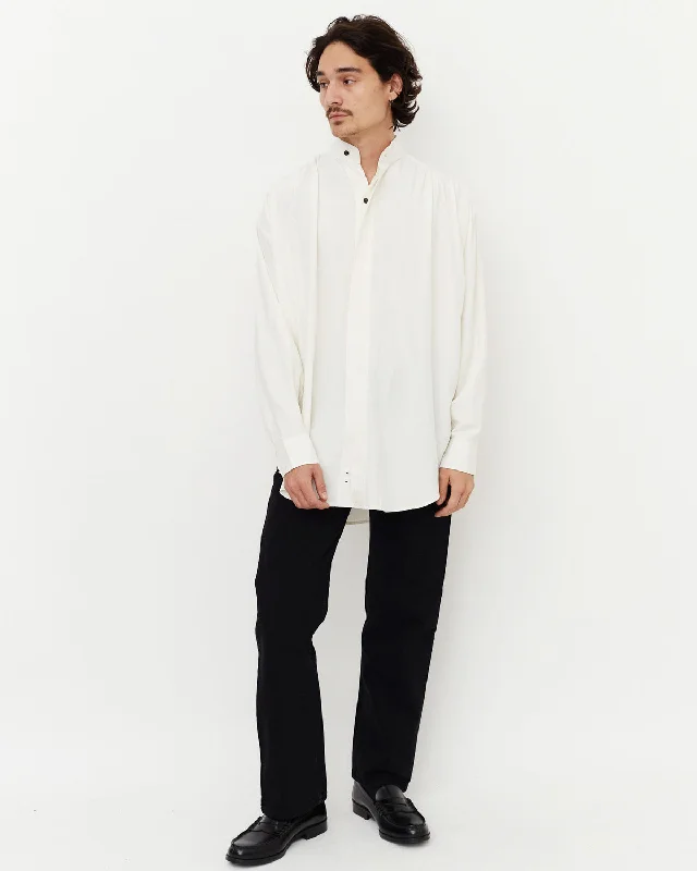 Gathered Silk Shirt / White Classic Cropped Short Sleeve