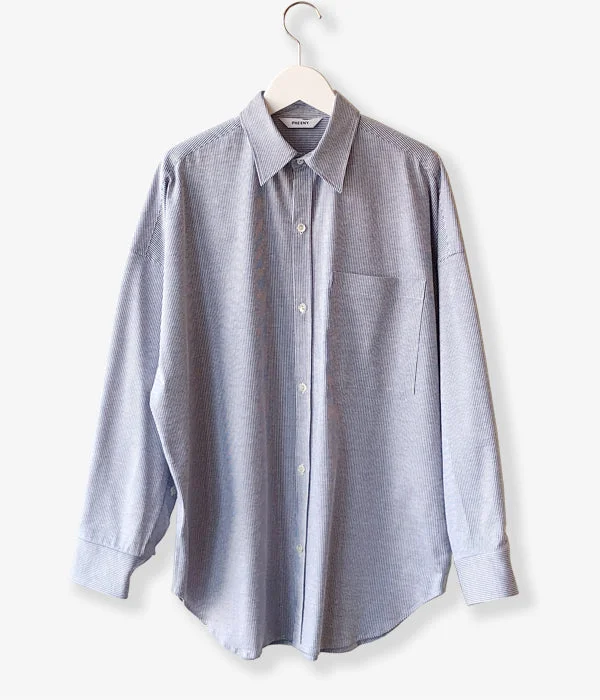 PHEENY/COTTON LINEN STRIPE SHIRT(BLUE) Relaxed Cotton Short Shirt