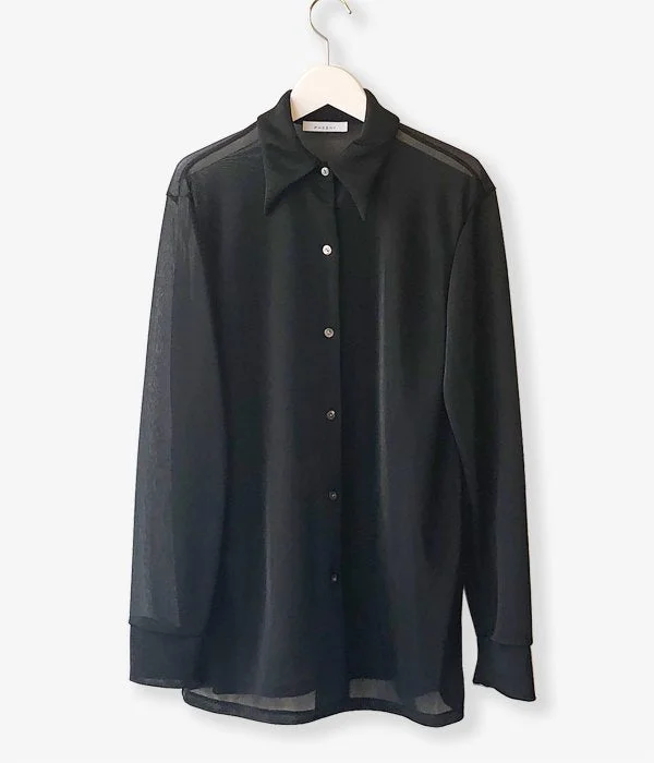 PHEENY/NYLON SMOOTH SHIRT(BLACK) Stylish Striped Short Sleeve