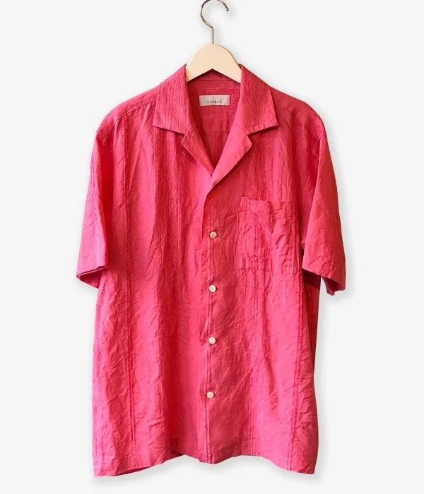 PHEENY/RAMIE RAYON MOLE OPEN COLLAR SHIRT(PINK) Trendy Ruffled Short Sleeve