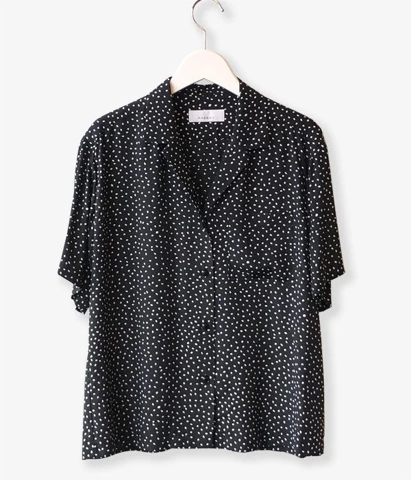 PHEENY/RAYON DOT OPEN COLLAR SHIRT(BLACK) Soft Silk Short Sleeve
