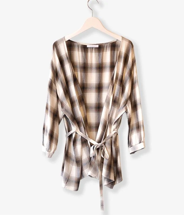 PHEENY/RAYON OMBRE CHECK CACHE-COEUR SHIRT(BROWN) Elegant Off-Shoulder Short Shirt