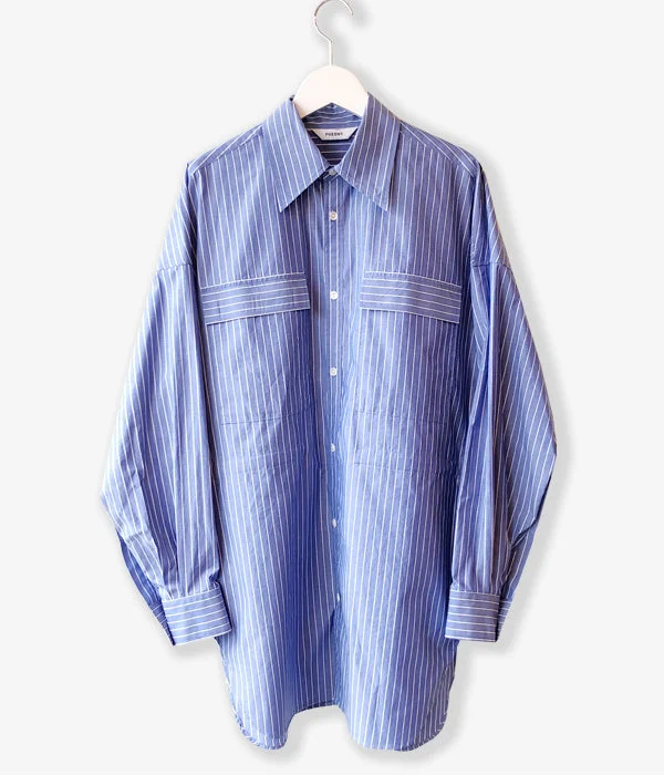 PHEENY/TYPEWRITER OVER SHIRT(STRIPE) Stylish Pleated Short Sleeve