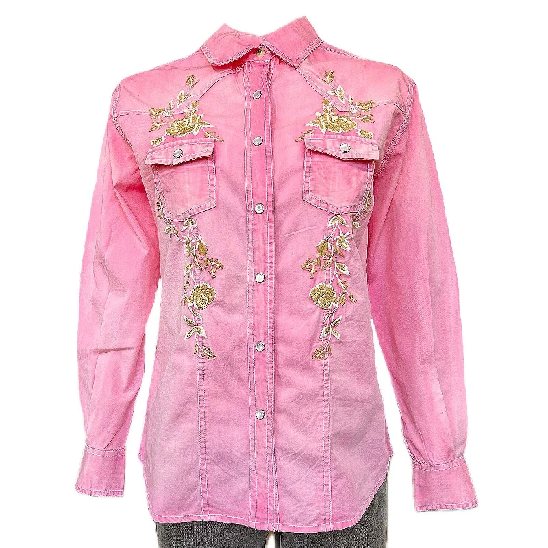 Women's Soft Pink Floral Embroidered Western Shirt Casual Short Sleeve Top