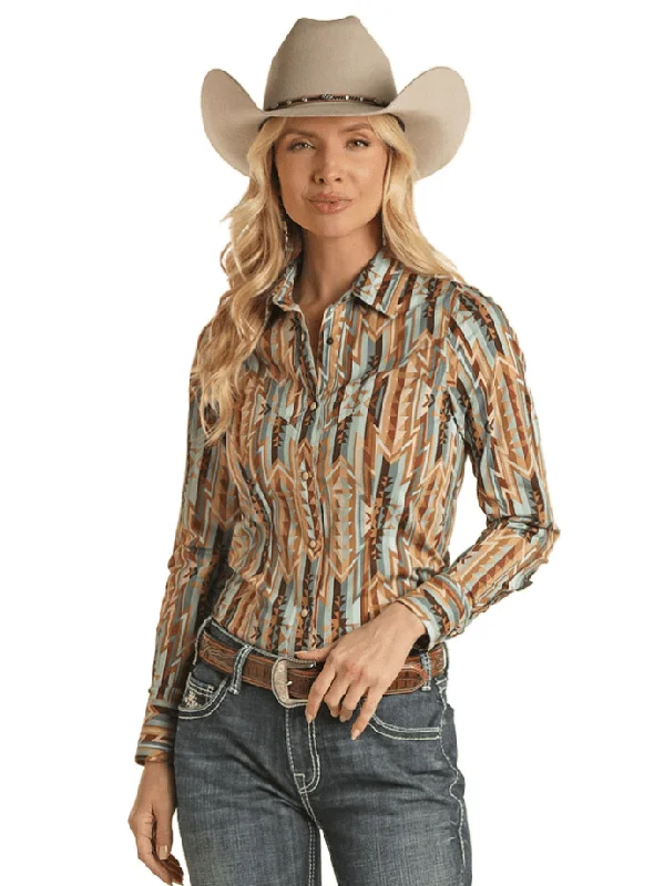 Rock & Roll Cowgirl Women's Brown Shared Core Long Sleeve Snap Shirt RRWSOSR09J Cozy Cotton Short Tee