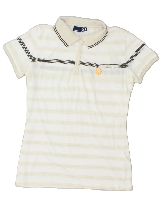 SERGIO TACCHINI Womens Polo Shirt IT 46 Large Beige Striped Cotton Stylish Split-Hem Short Shirt