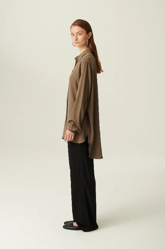 SHELBY CREPE DE CHINE SILK SHIRT WALNUT Comfortable Short Sleeve Blouse