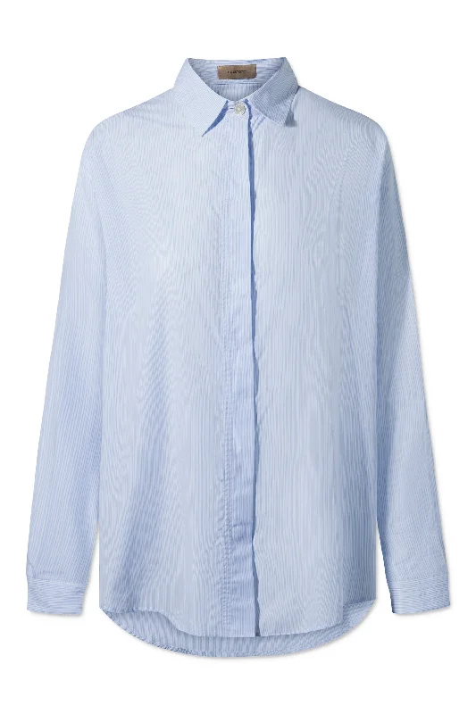 SHELBY SHIRT COTTON LIGHT BLUE/WHITE STRIPE Trendy Turtleneck Short Shirt