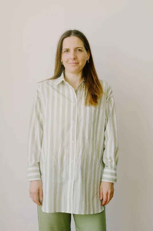 shirt - mamro - pistachio striped Elegant Off-Shoulder Short Shirt