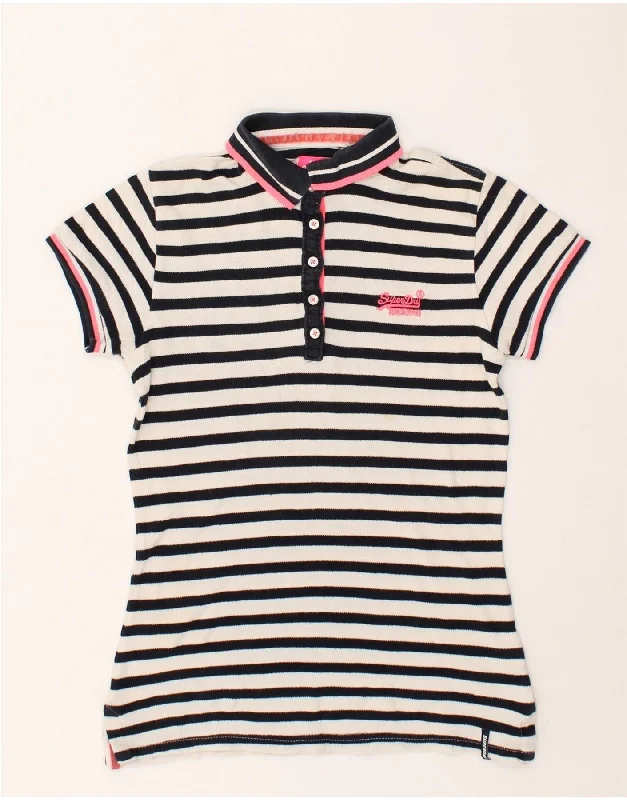 SUPERDRY Womens Polo Shirt UK 6 XS Black Striped Classic Short Sleeve Blouse