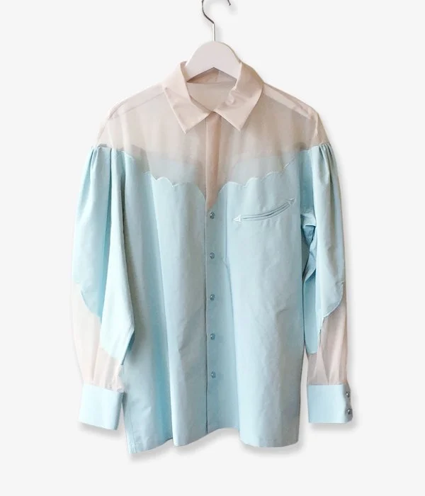 TOGA PULLA/ORGANDY WESTERN SHIRT (LIGHTBLUE) Chic Embellished Short Sleeve