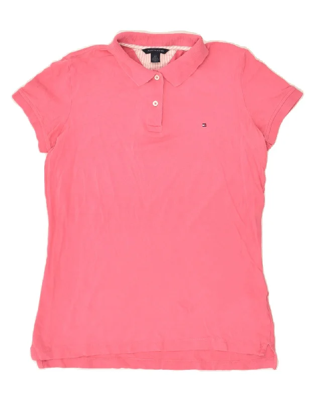 TOMMY HILFIGER Womens Polo Shirt UK 10 Small Pink Cotton Fashionable Button-Front Short Sleeve