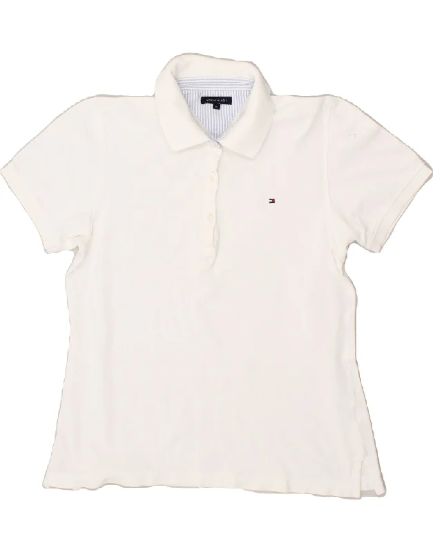 TOMMY HILFIGER Womens Polo Shirt UK 12 Medium White Fashionable Button-Front Short Sleeve