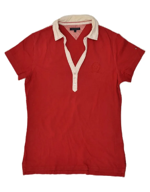 TOMMY HILFIGER Womens Polo Shirt UK 14 Large Red Casual Button-Down Short Shirt