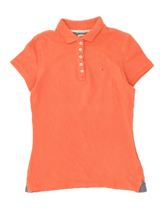 TOMMY HILFIGER Womens Polo Shirt UK 6 XS Orange Cotton Cozy Striped Short Sleeve