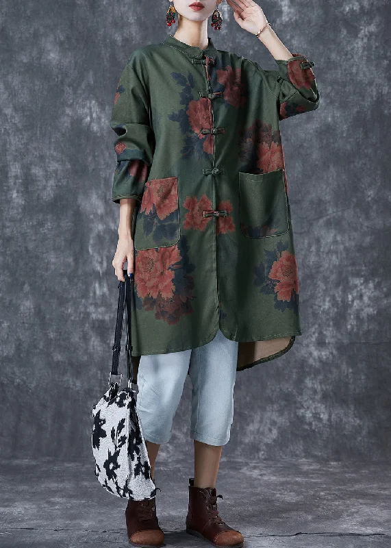 Vintage Blackish Green Print Chinese Button Linen Long Shirts Fall Fashionable Pleated Short Shirt