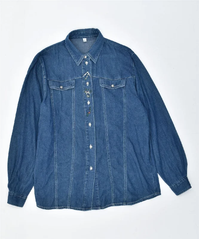 VINTAGE Womens Denim Shirt EU 36 Small Blue Cotton Elegant High-Low Short Shirt