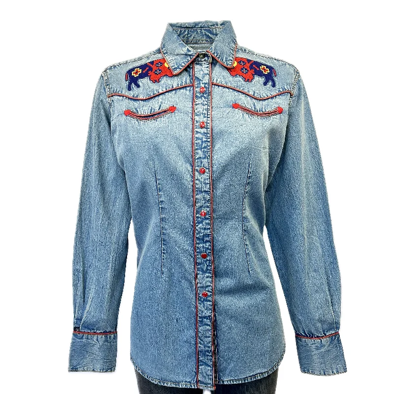 Women’s Denim American Bison Embroidered Western Shirt Relaxed Fit Short Blouse