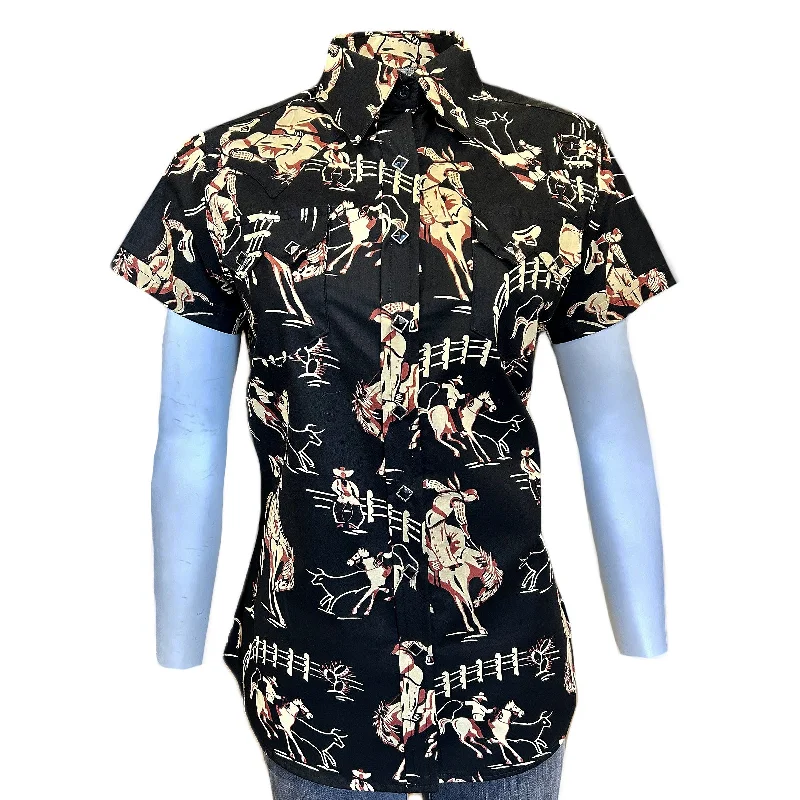 Women’s Vintage Bronc Print Short Sleeve Black Western Shirt Fashionable Button-Front Short Sleeve