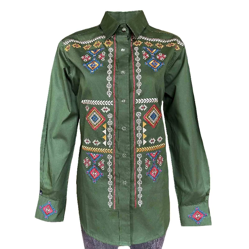 Women’s Green Diamond Pattern Embroidered Western Shirt Cozy Printed Short Shirt