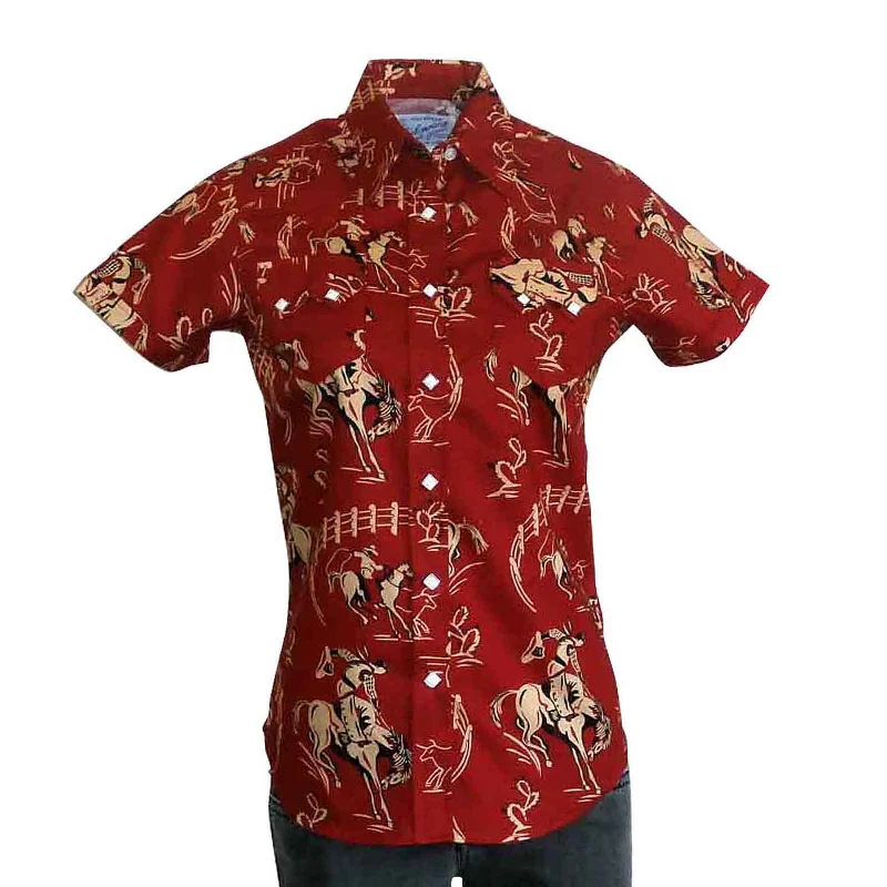 Women’s Vintage Bronc Print Short Sleeve Red Western Shirt Fashionable Sheer Short Shirt