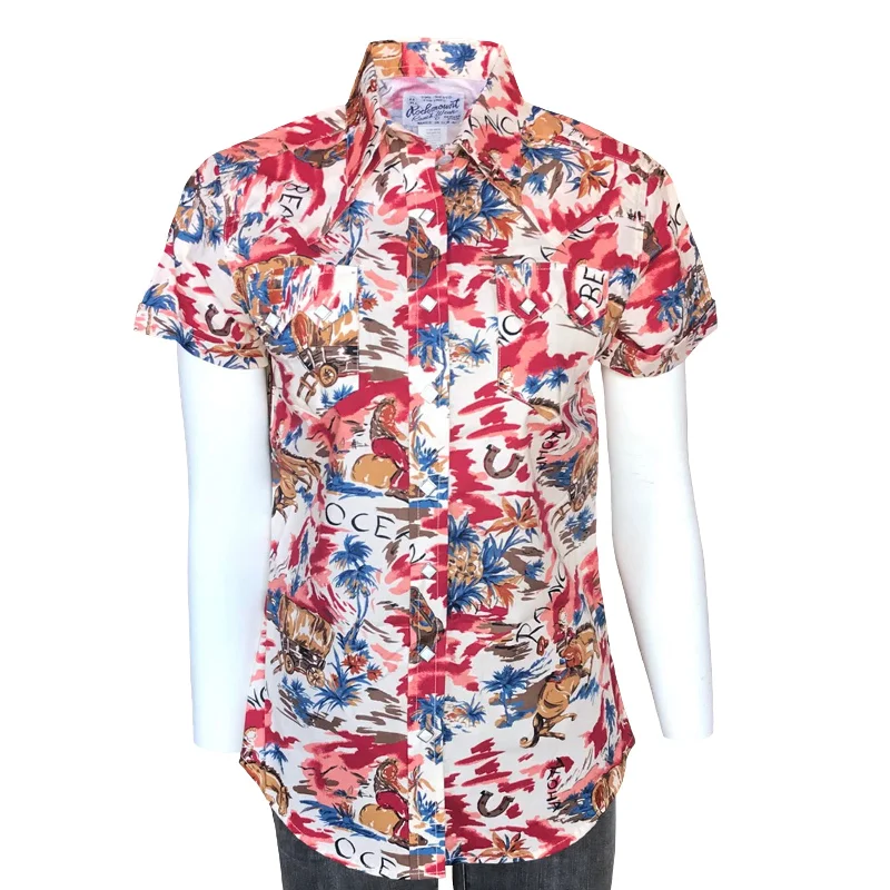 Women’s Red Western Hawaiian Print Short Sleeve Shirt Relaxed Short Sleeve Tee