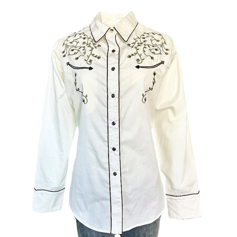 Women’s Rhinestones & Scrolls Embroidery Western Shirt in Ivory Chic Silk Short Sleeve Shirt