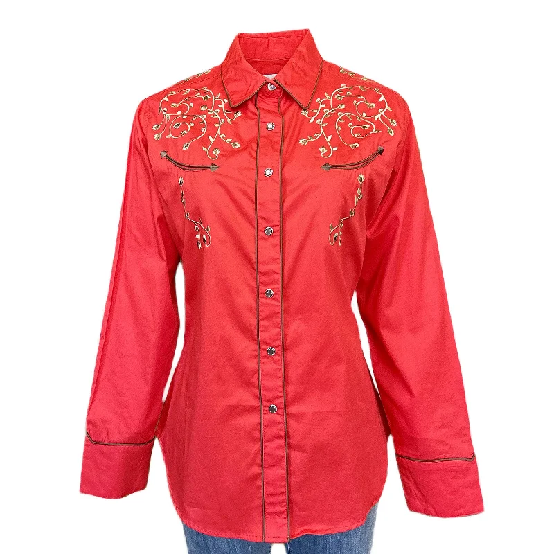 Women’s Rhinestones & Scrolls Embroidered Western Shirt in Red Elegant Draped Short Sleeve