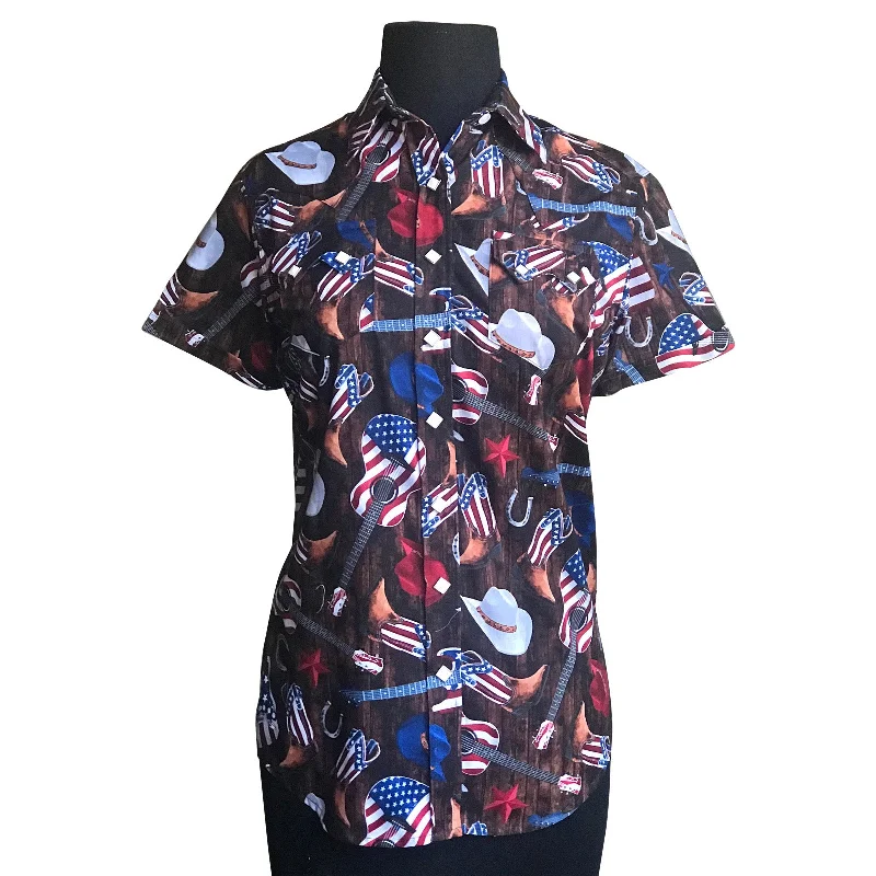 Women’s Short Sleeve Americana Print Western Shirt Casual Plain Short Shirt