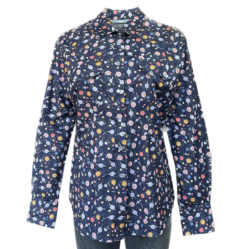 Women’s Solar System Print Western Shirt in Navy Relaxed Button-Down Short Shirt