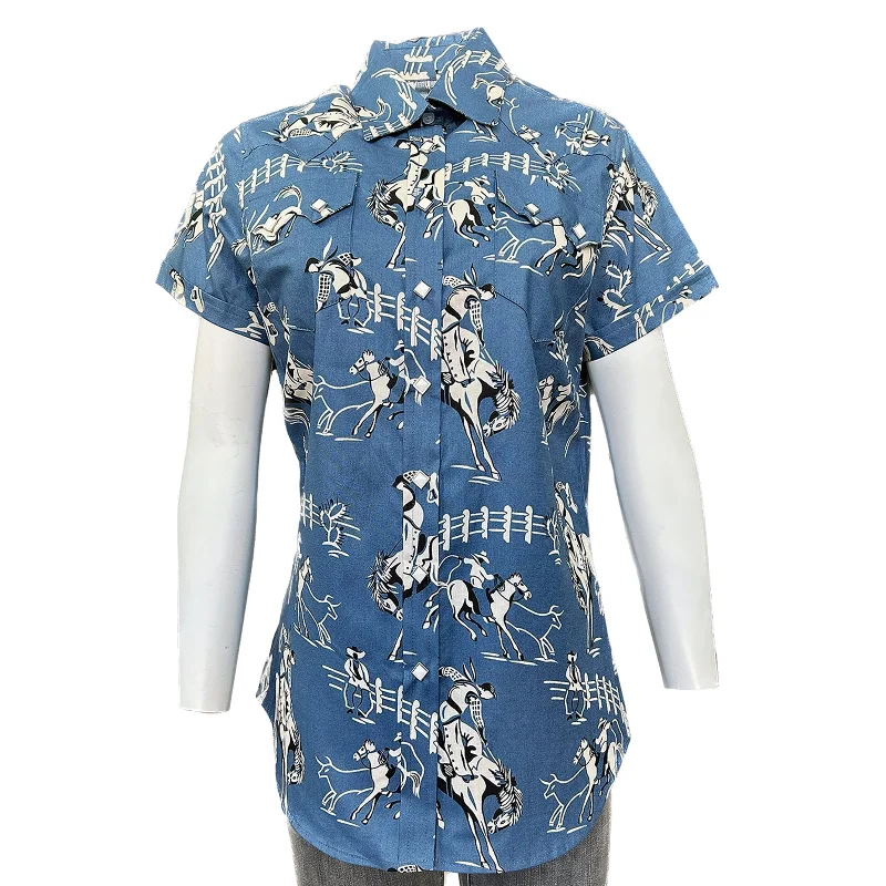 Women’s Vintage Bronc Print Short Sleeve Blue Western Shirt Comfortable Short Sleeve Blouse