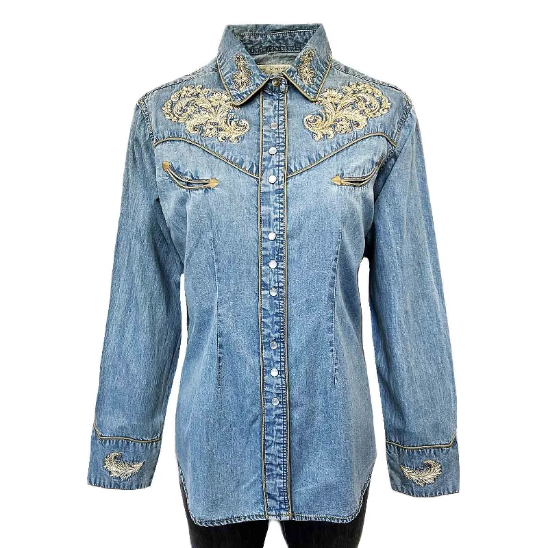 Women’s Vintage Denim Western Shirt with Floral Embroidery Classic Denim Short Sleeve