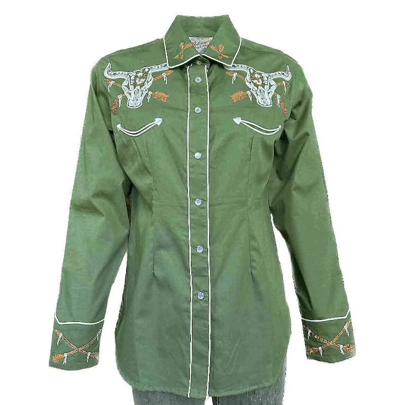 Women’s Vintage Green Steer Skull & Arrow Chain Stitch Embroidery Western Shirt Classic Casual Short Sleeve