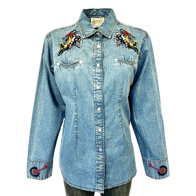 Women’s Rockmount Bronc Vintage Embroidery Western Shirt in Denim Relaxed Fit Short Blouse