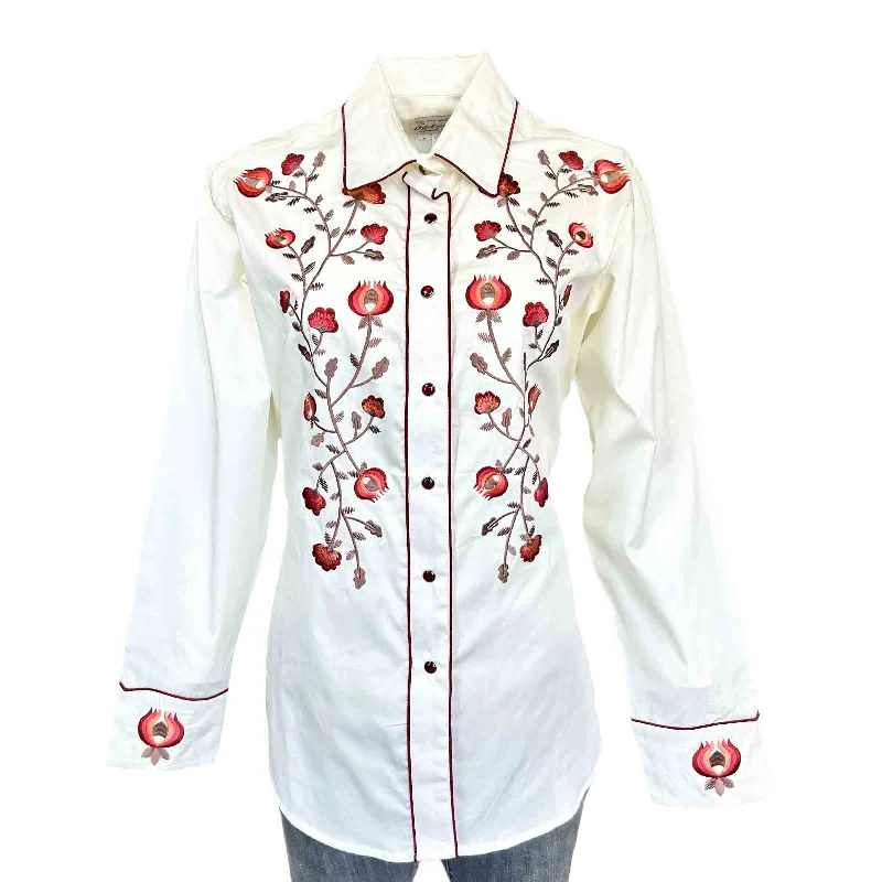 Women’s Vintage Ivory Thistle Floral Embroidery Western Shirt Classic Basic Short Shirt