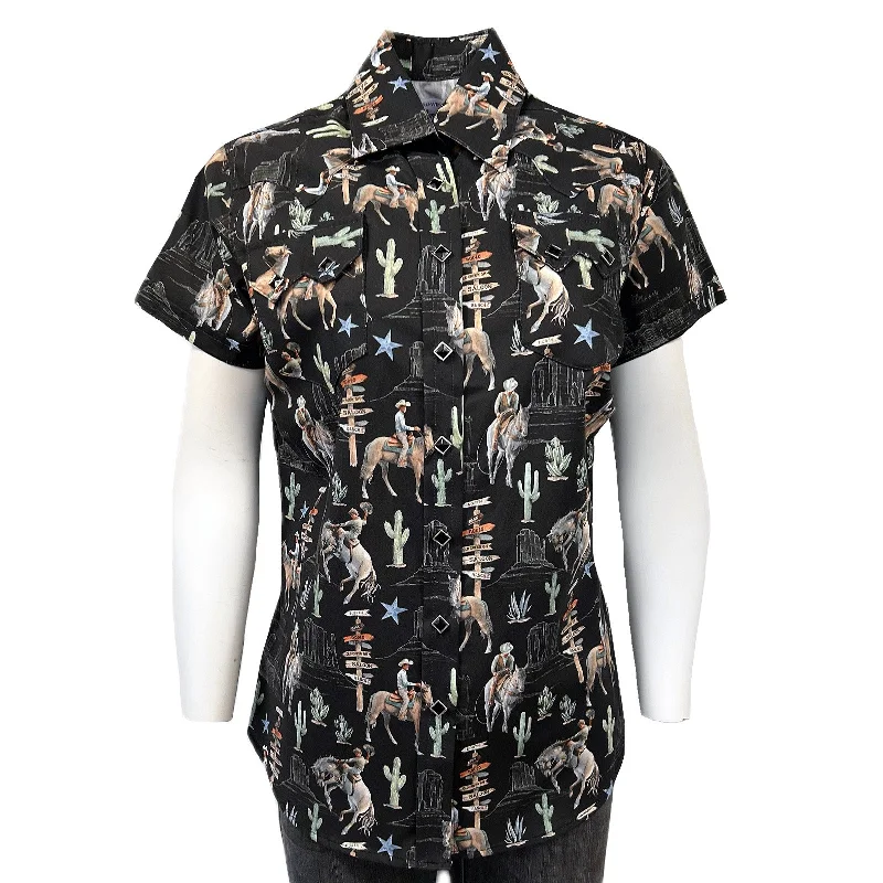 Women’s Vintage Western Print Short Sleeve Shirt in Black Classic Button-Up Short Tee