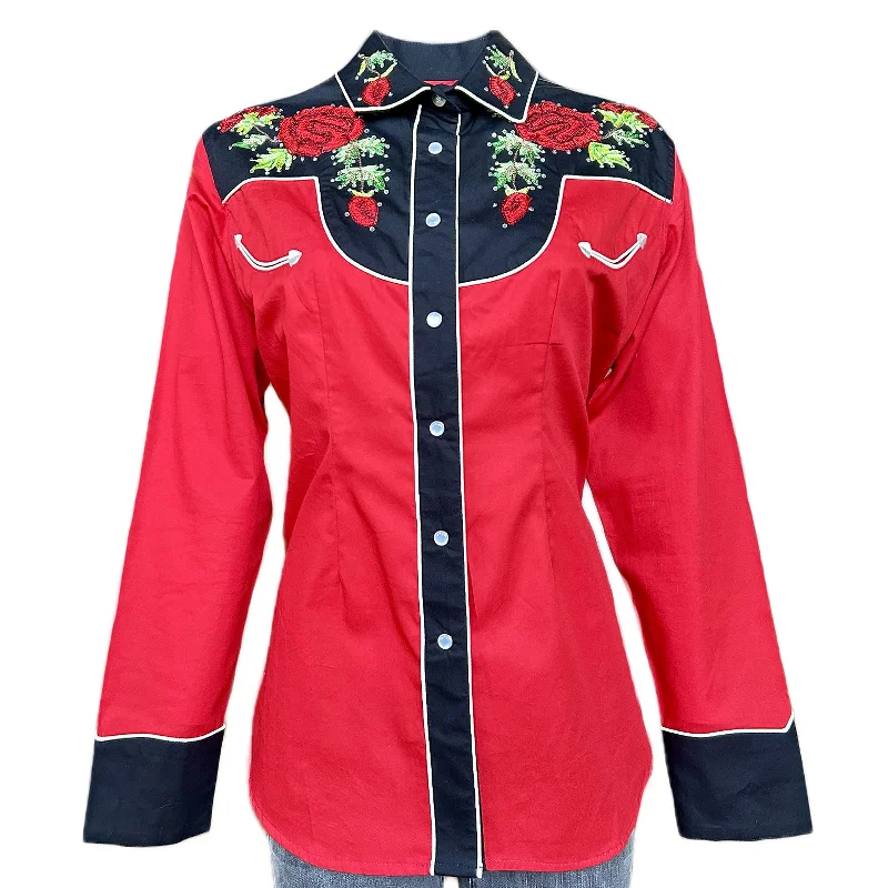 Women's Vintage 2-Tone Red Roses Embroidery Western Shirt Modern Short Sleeve Top