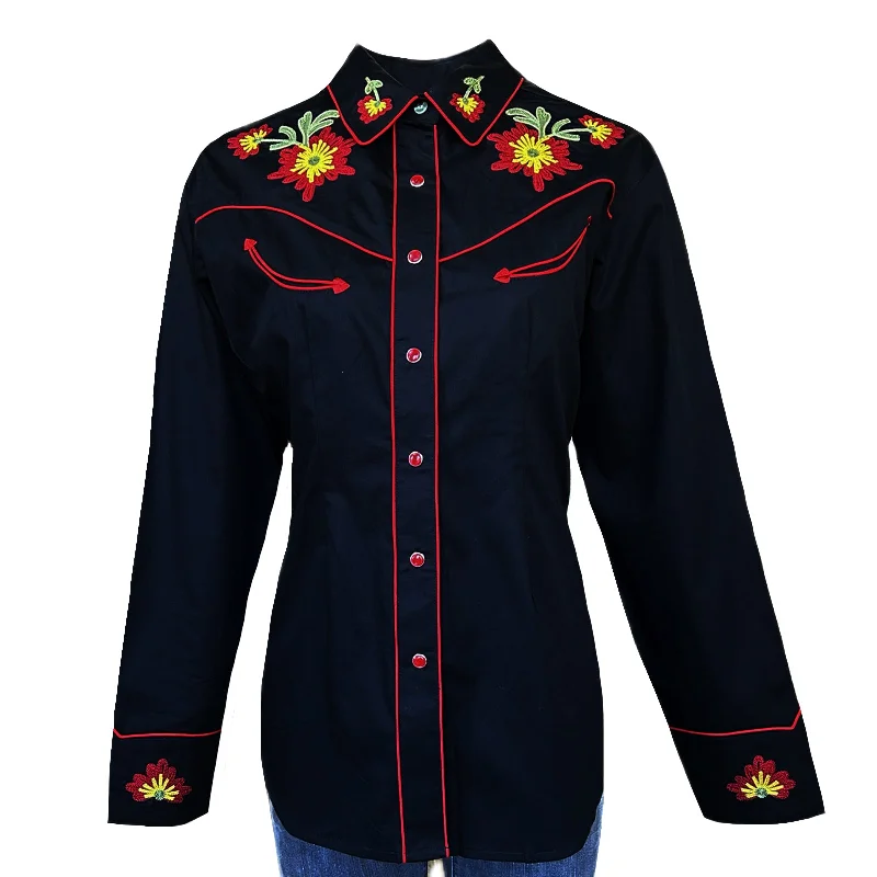 Women's Black Vintage Floral Embroidered Western Shirt Trendy Summer Short Sleeve