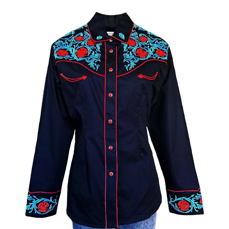 Women's Vintage Floral Embroidered Black Western Shirt Modern Short Sleeve Top