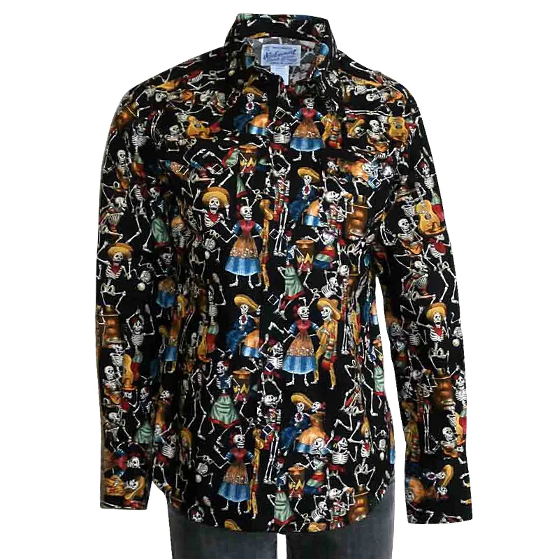 Women's Day of the Dead Print Western Shirt in Black Comfortable Short Sleeve Blouse