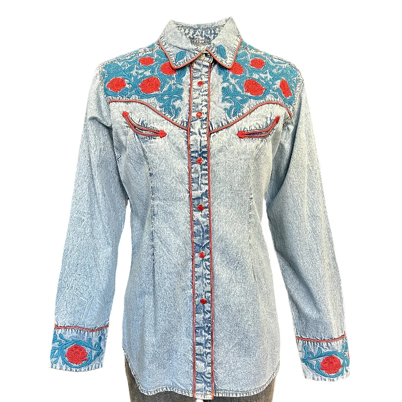 Women's Vintage Floral Embroidered Denim Western Shirt Fashionable Plaid Short Sleeve