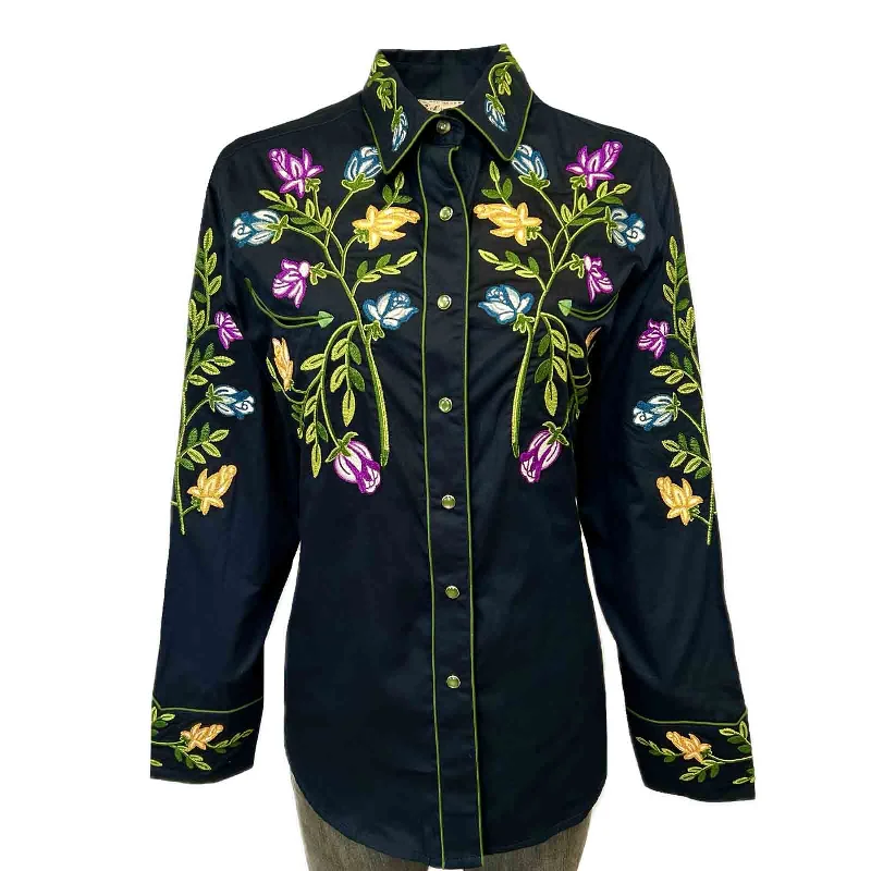 Women's Vintage Navy Floral Crochet Embroidered Western Shirt Fashionable Button-Front Short Sleeve
