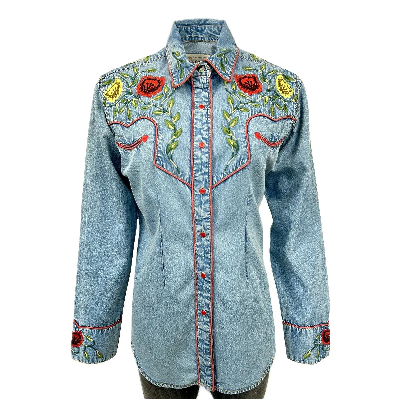 Women's Vintage Floral Denim Embroidered Western Shirt Cozy Loose Fit Short Sleeve