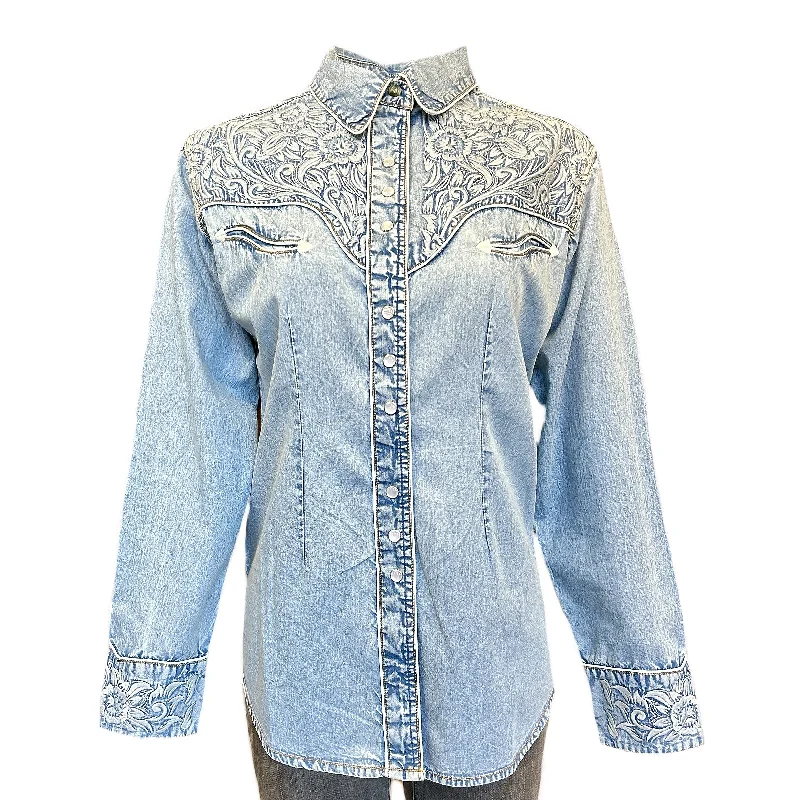 Women's Vintage Tooling Embroidery Denim & Blue Western Shirt Classic Solid Short Shirt