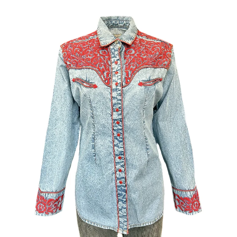 Women's Vintage Tooling Embroidery Denim & Red Western Shirt Modern Casual Short Sleeve