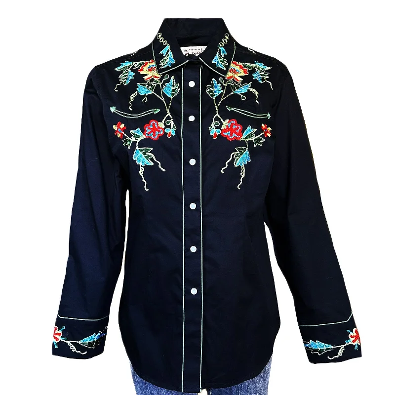 Women's Floral Embroidery Cotton Gabardine Black Western Shirt Relaxed Short Sleeve Tee